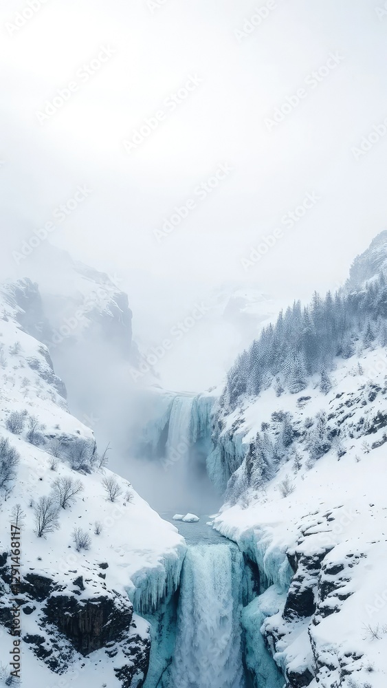 Obraz premium A snow-covered mountain with a misty valley below and a frozen waterfall, waterfall, frosty