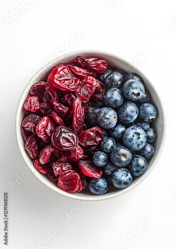 Bowl with Dried Cranberries and Blueberries over White Background