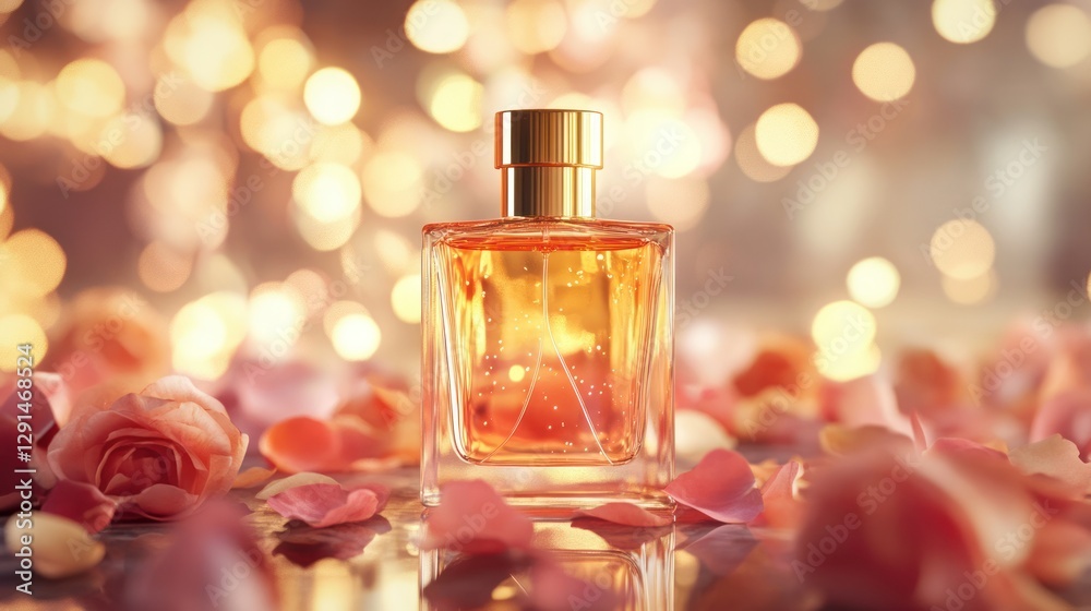 A close-up of a glass bottle of perfume with golden accents, surrounded by rose petals and soft bokeh lights, evoking elegance and luxury A close-up of a glass bottle of perfume with golden accents, surrounded by rose petals and soft bokeh lights, evoking elegance and luxury