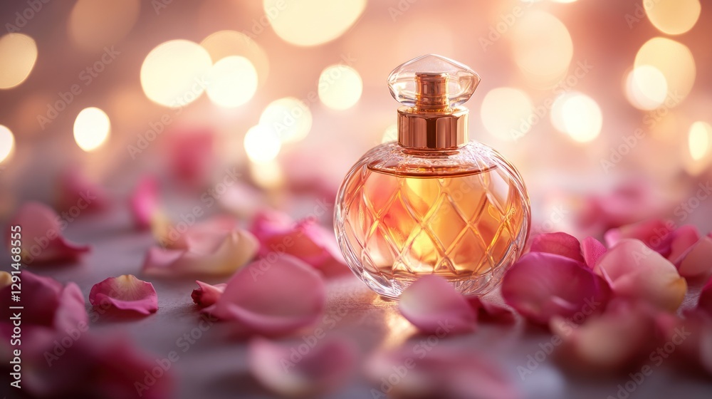 A close-up of a glass bottle of perfume with golden accents, surrounded by rose petals and soft bokeh lights, evoking elegance and luxury A close-up of a glass bottle of perfume with golden accents, surrounded by rose petals and soft bokeh lights, evoking elegance and luxury