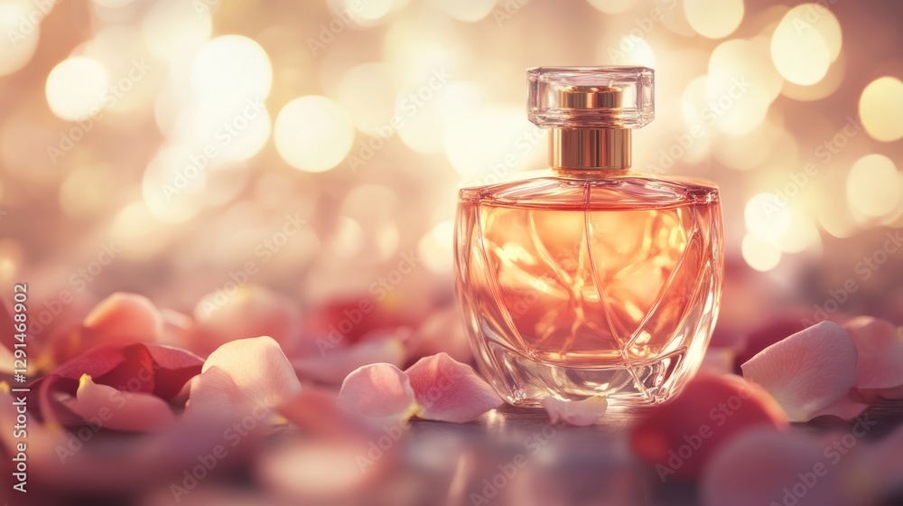 A close-up of a glass bottle of perfume with golden accents, surrounded by rose petals and soft bokeh lights, evoking elegance and luxury A close-up of a glass bottle of perfume with golden accents, surrounded by rose petals and soft bokeh lights, evoking elegance and luxury