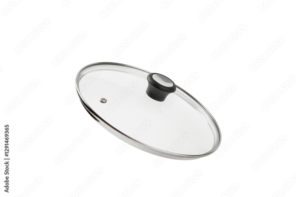 Glass lid from a saucepan or frying pan isolated on a white background. Tableware. Kitchen accessories. Kitchenware. Glass lid from a saucepan or frying pan isolated on a white background. Tableware. Kitchen accessories. Kitchenware.