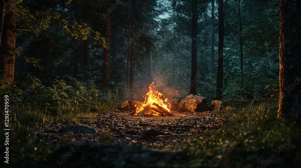 A campfire glowing in the woods at night A campfire glowing in the woods at night