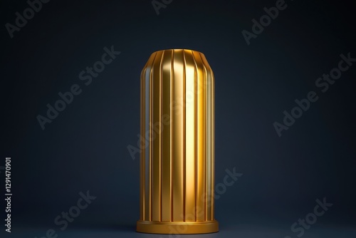 Shiny golden cylinder with vertical grooves, reflecting light el