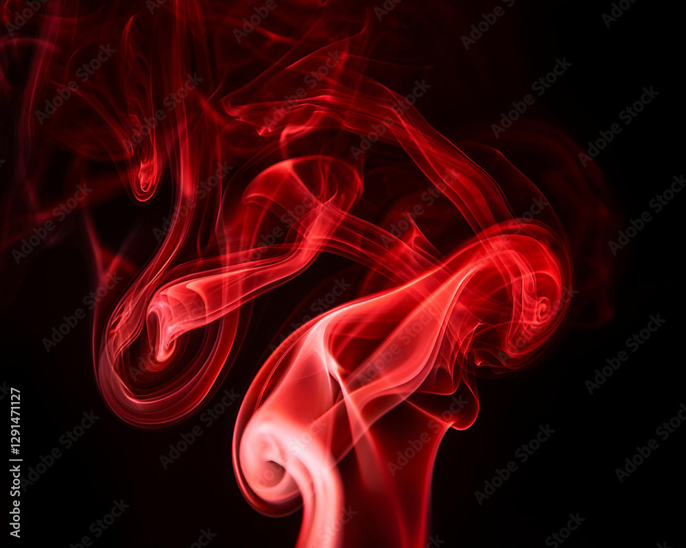 Obraz premium A mysterious atmosphere is created by the swirling, bright red smoke on a black background. Perfect for themes of energy, intrigue, or art. The composition emphasizes the flowing motion of the smoke