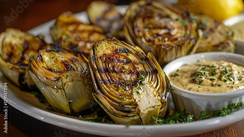 Grilled Artichoke Halves Served with Dipping Sauce on White Plate