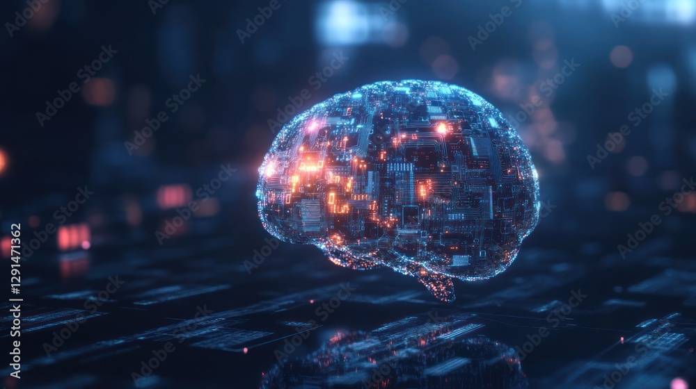 A conceptual image of artificial intelligence, with a glowing brain made of digital circuits and binary code, floating in a dark space A conceptual image of artificial intelligence, with a glowing brain made of digital circuits and binary code, floating in a dark space