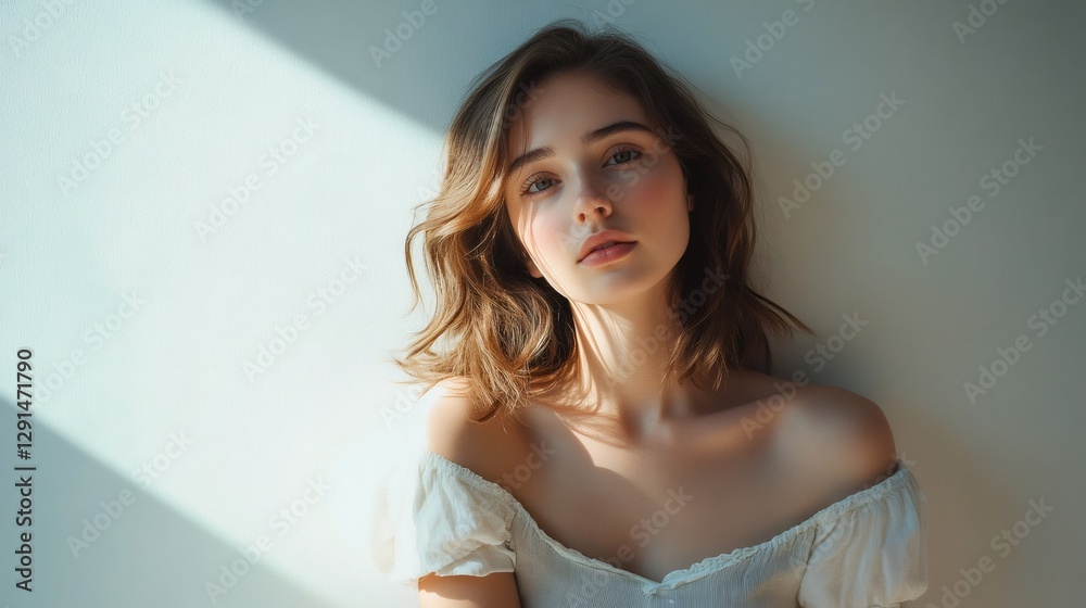 Model posing by a white wall in natural light Model posing by a white wall in natural light