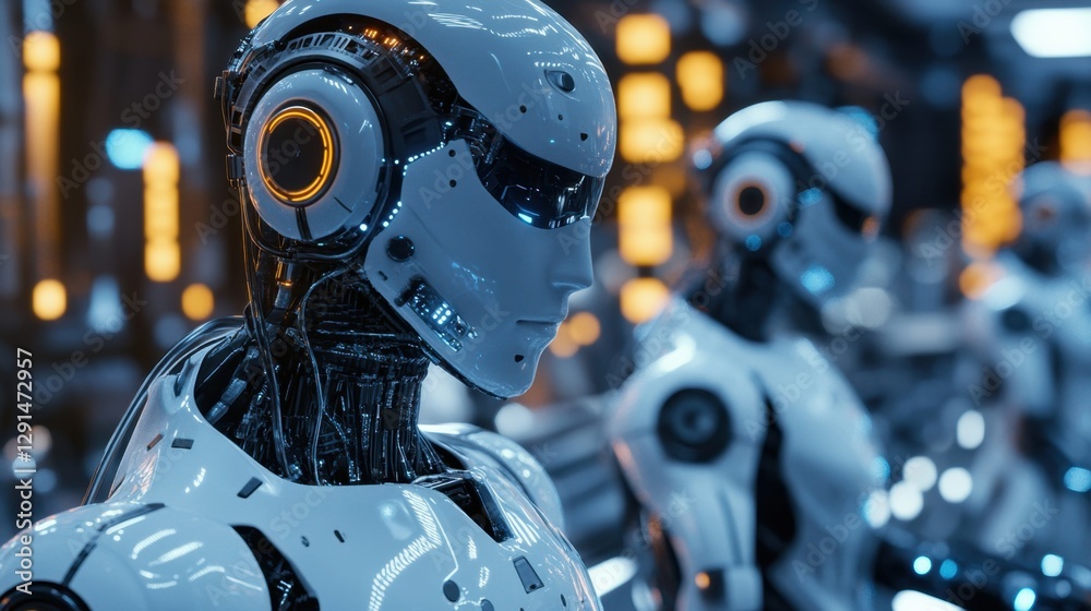 Fototapeta premium AI-enhanced digital technology, futuristic robotic assistants, cybernetic workplace,