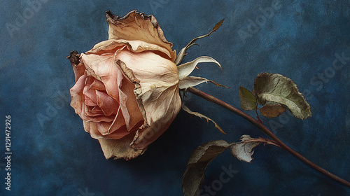 A withered rose with dried, curling petals poetic and