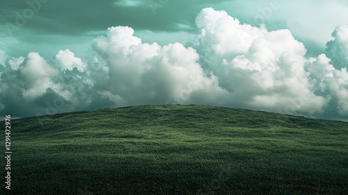 Rolling green grassy hill with fluffy white clouds in the sky