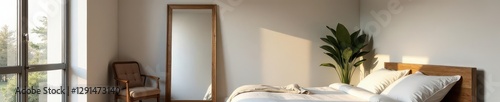 Modern bedroom, full-length wooden mirror on wall, space, grain, elegant