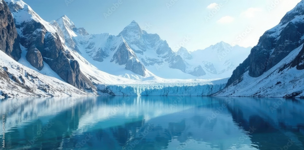 Fototapeta premium Glacier and snow-covered mountains surrounding a tranquil lake, frozen, mountain