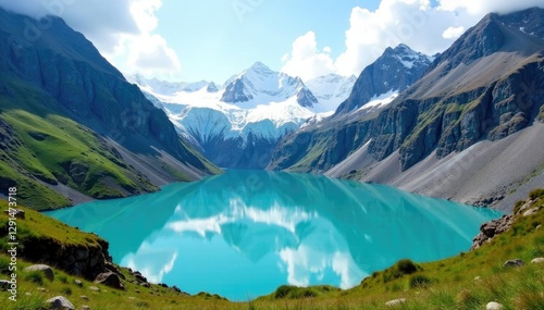 Glacier and moraine-encrusted valley with turquoise lake, lake, highland, arctic