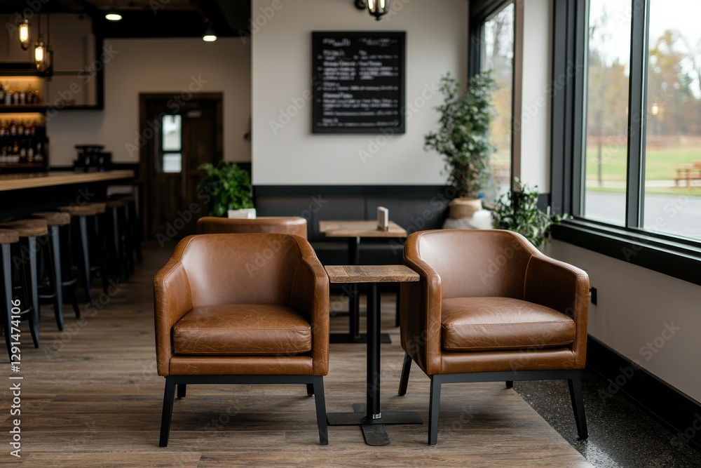 Fototapeta premium A cozy cafe interior featuring two brown leather chairs, a small table, and a large window with natural light.