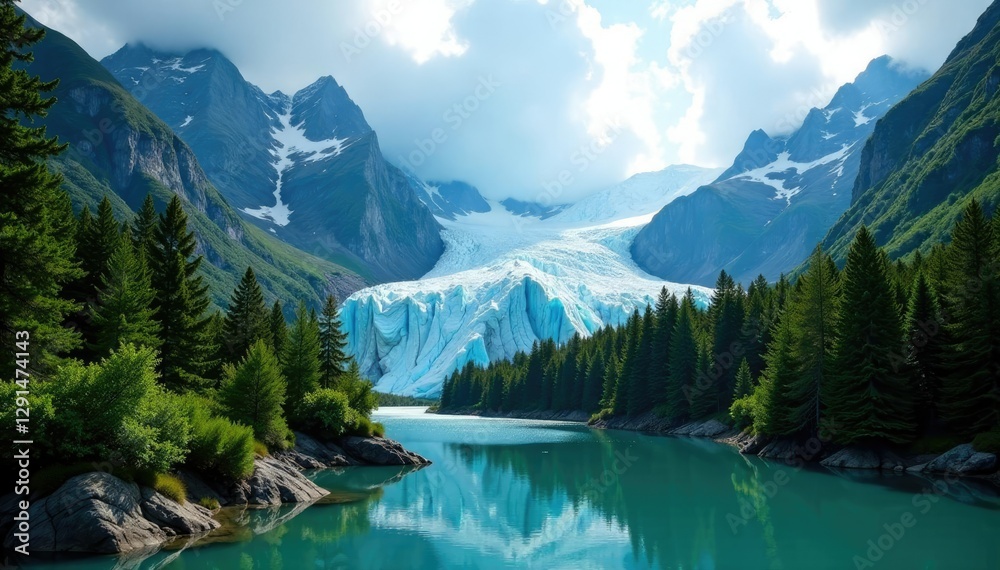 Fototapeta premium Glaciers' icy tongues reach into the forest canopy, forest, trees