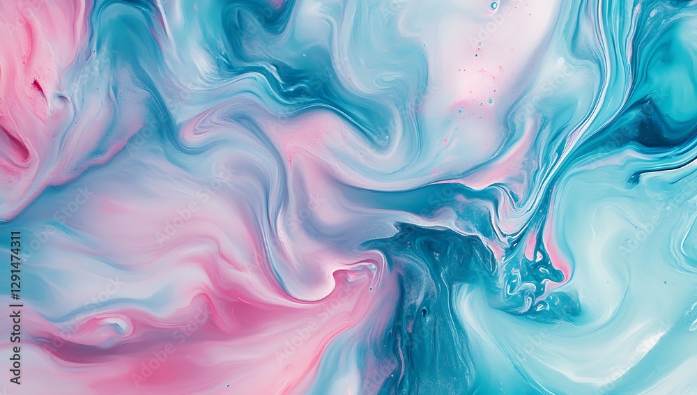 Fototapeta premium An abstract fluid art background showcasing a harmonious blend of pastel pink, blue, and teal hues. The swirling shapes create a mesmerizing, dreamlike effect, perfect for modern design projects.