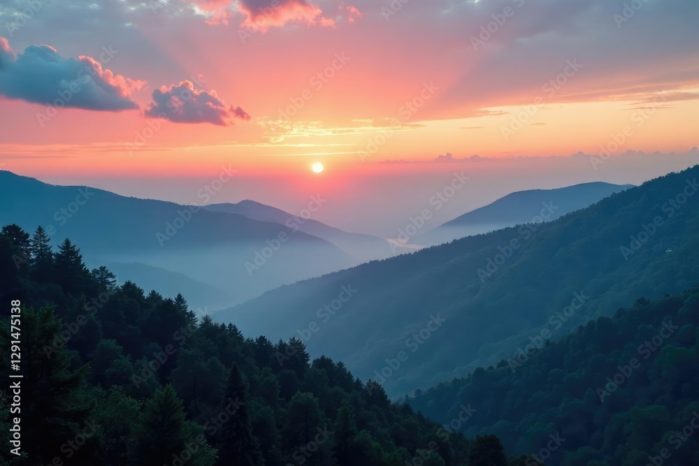 Misty dawn breaking through the Smoky Mountains, sky, clouds, smoky mountains Misty dawn breaking through the Smoky Mountains, sky, clouds, smoky mountains