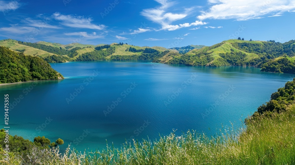 A clear blue lake surrounded by green hills A clear blue lake surrounded by green hills