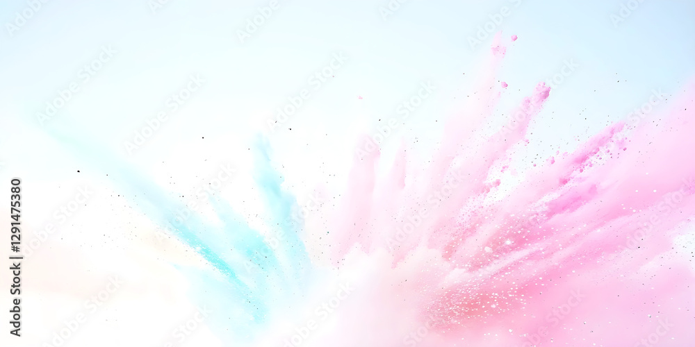 Obraz premium Abstract explosion of pink and blue powder against a light background, creating dynamic and artistic composition with soft and airy feel
