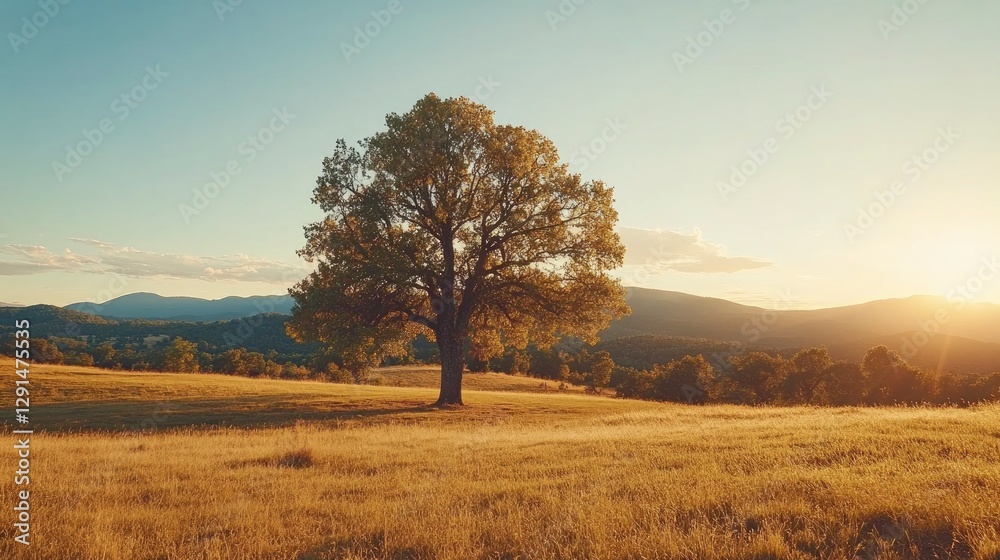 Fototapeta premium Majestic solitary tree standing in a golden field at sunset, with mountains in the background