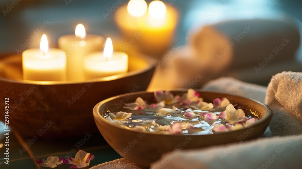 A spa-like setting with candles, a towel, and a bowl of water with floating flower petals A spa-like setting with candles, a towel, and a bowl of water with floating flower petals