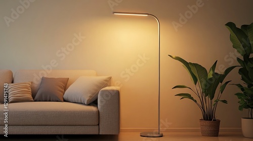Slim LED Floor Lamp with Dimmable Light on White Background