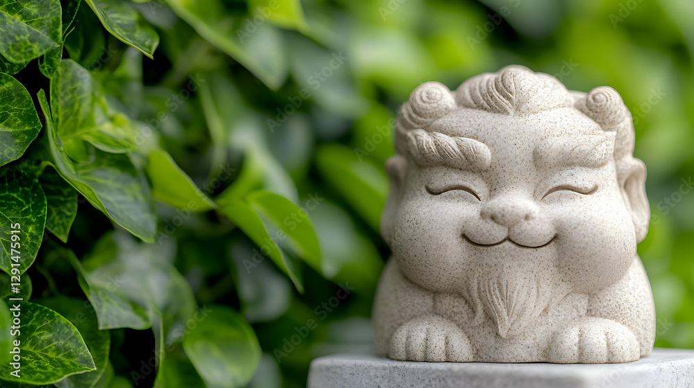 Happy stone statue in garden, peaceful background, serenity Happy stone statue in garden, peaceful background, serenity