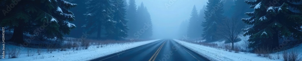 Misty forest road shrouded in thick fog with snow-capped trees on either side, road, fog, mysterious Misty forest road shrouded in thick fog with snow-capped trees on either side, road, fog, mysterious