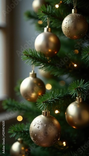 Row of gold and silver balls hanging from the Christmas tree, ornaments, holiday, silver