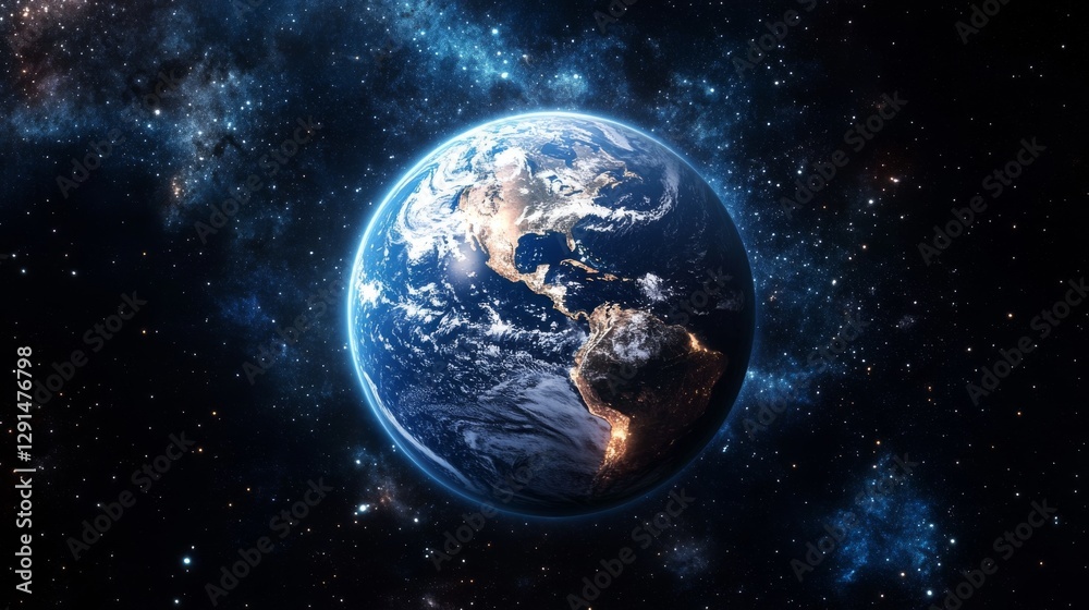 Naklejka premium A stunning view of Earth from space, showcasing continents and atmospheric details in the cosmos