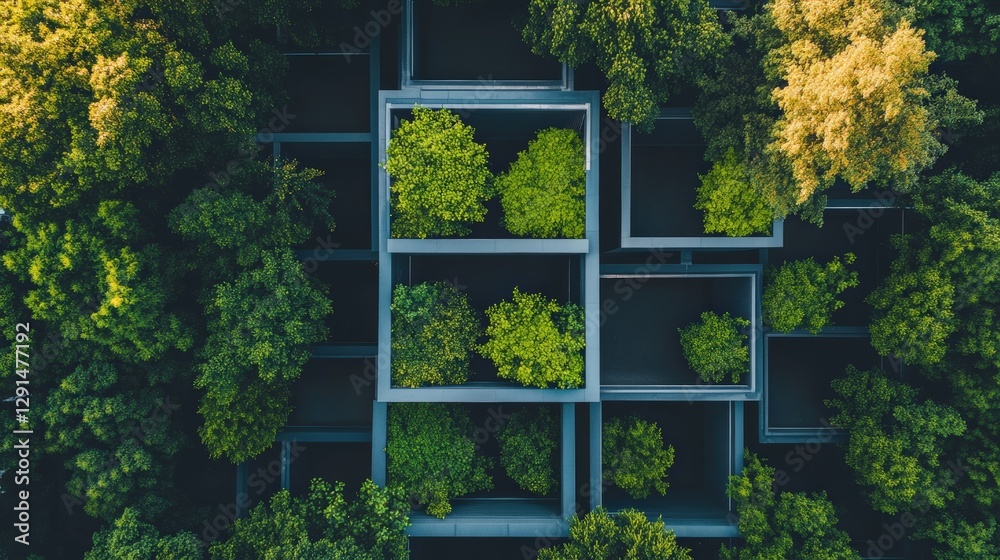 Fototapeta premium Aerial view of green trees interspersed with modern architectural structures in a serene environment
