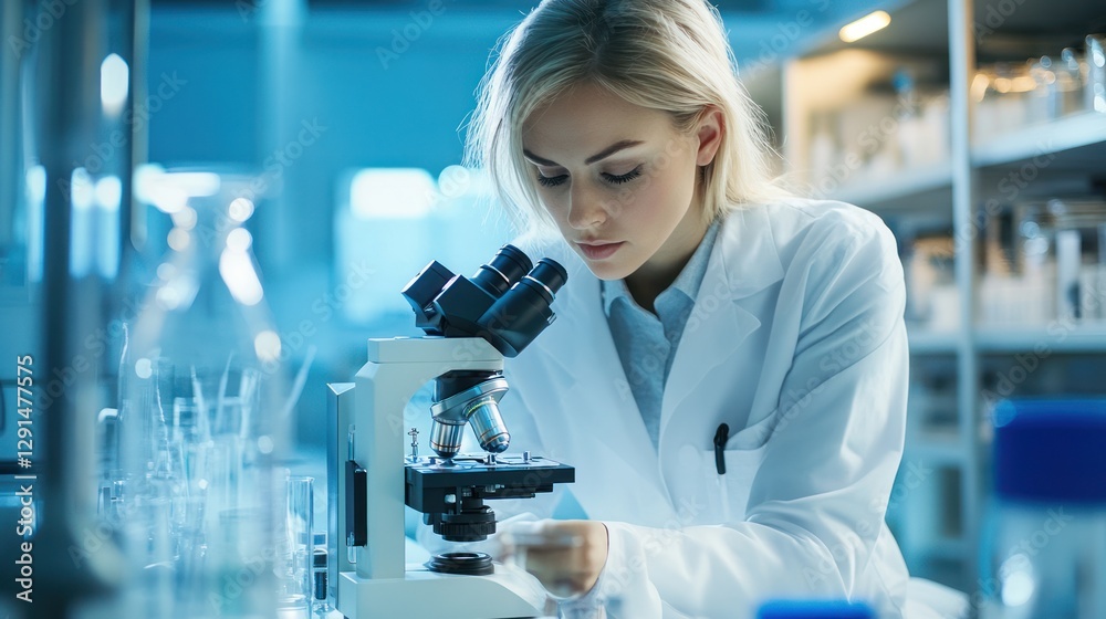 Scientist is looking through a microscope and taking notes, background Scientist is looking through a microscope and taking notes, background