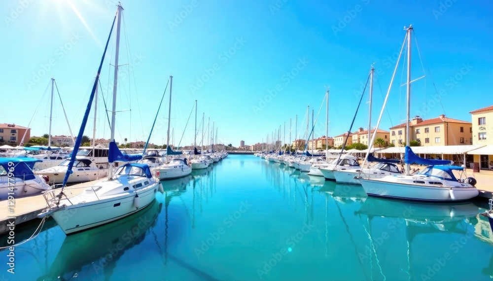 Sailing boats at Marina port Palma de Mallorca, blue sky, sunny Sailing boats at Marina port Palma de Mallorca, blue sky, sunny