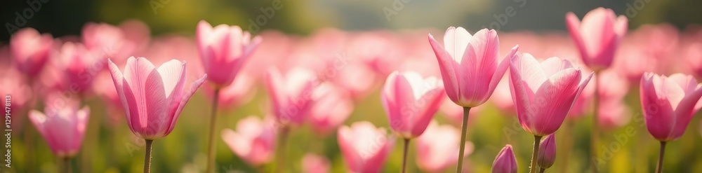 Fototapeta premium Soft pink petals unfold in a picturesque field, soft pink, field