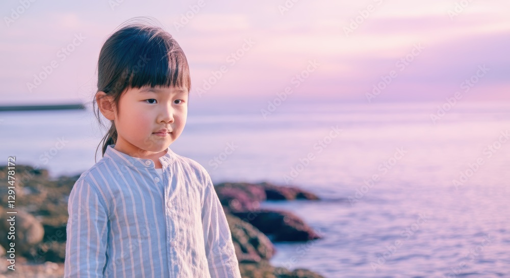 Asian young child in striped shirt standing by the ocean at sunset Asian young child in striped shirt standing by the ocean at sunset