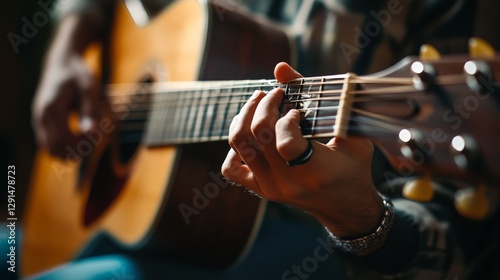 Close-up of a person playing an acoustic guitar, showcasing detailed hand movements and warm lighting