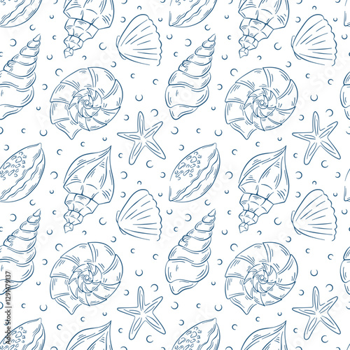 Seamless pattern with oceanic print of seashell in line art style. Hand drawn repeating background with sea creature and shell of different shapes.