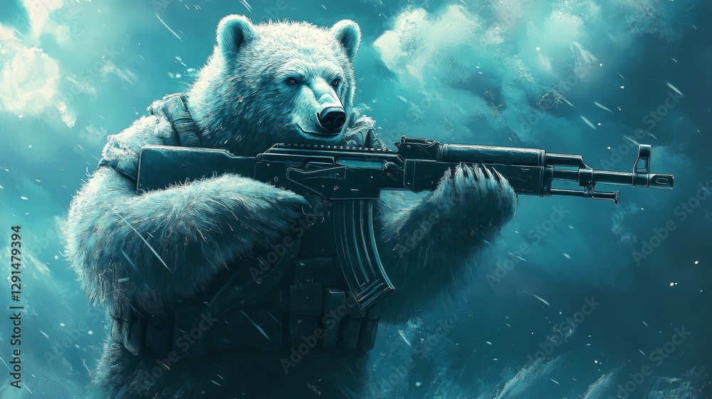 Obraz premium I drew an ice bear character by adding AK47