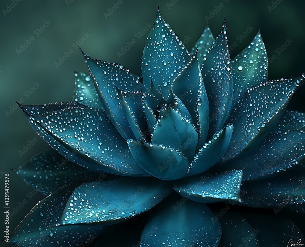 Fototapeta premium Close-up of a dark teal agave plant with water droplets, set against a rich green background. Captured with professional photography, showcasing intricate details in an award-winning shot.