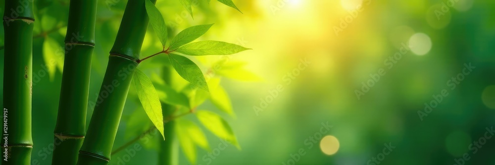 Obraz premium Soft warm light filters through bamboo leaves, foliage, peaceful, green
