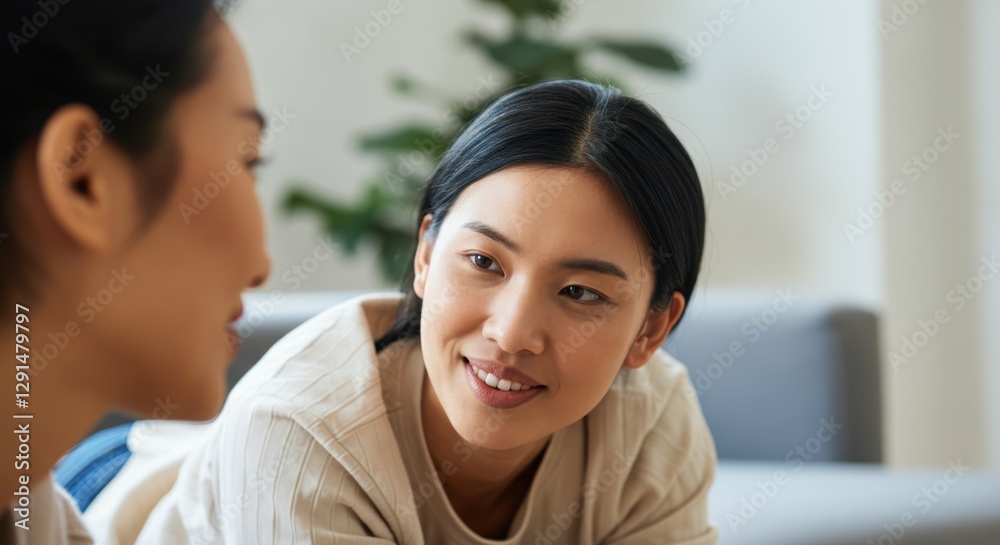 Two young asian females conversing in relaxed indoor setting Two young asian females conversing in relaxed indoor setting
