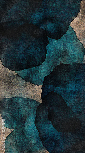 Abstract watercolor design featuring deep blue and teal shapes on a textured background