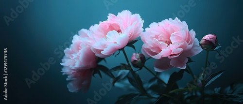 Fototapeta Naklejka Na Ścianę i Meble -  Beautiful peonies bloom in a tranquil garden during late spring, showcasing pink petals and lush green leaves