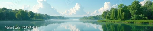 Soft white clouds drift lazily above the cypress trees, peaceful, wetland