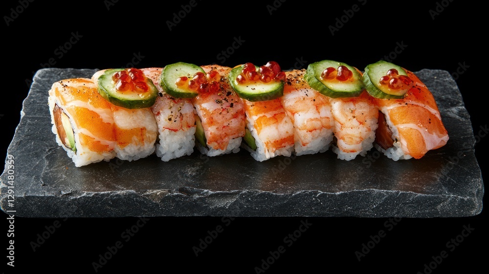 Exquisite sushi roll platter, dark stone background Exquisite sushi roll platter, dark stone background