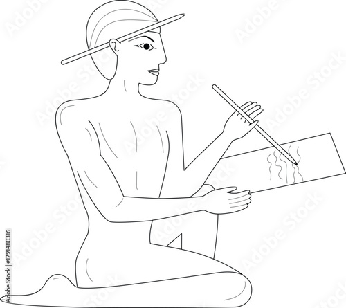 A black-and-white line drawing inspired by ancient Egyptian art, depicting a kneeling scribe or artist.