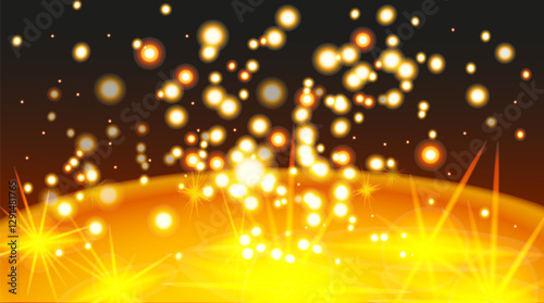 The sun's glow. The fireflies. The bokeh effect. Orange-yellow sparks. Vector graphics. EPC 10.
