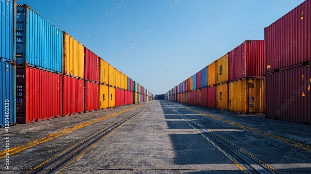 Obraz premium Colorful shipping containers stacked neatly in a row, symbolizing global trade and logistics. Perfect for supply chain, import/export, and international commerce.