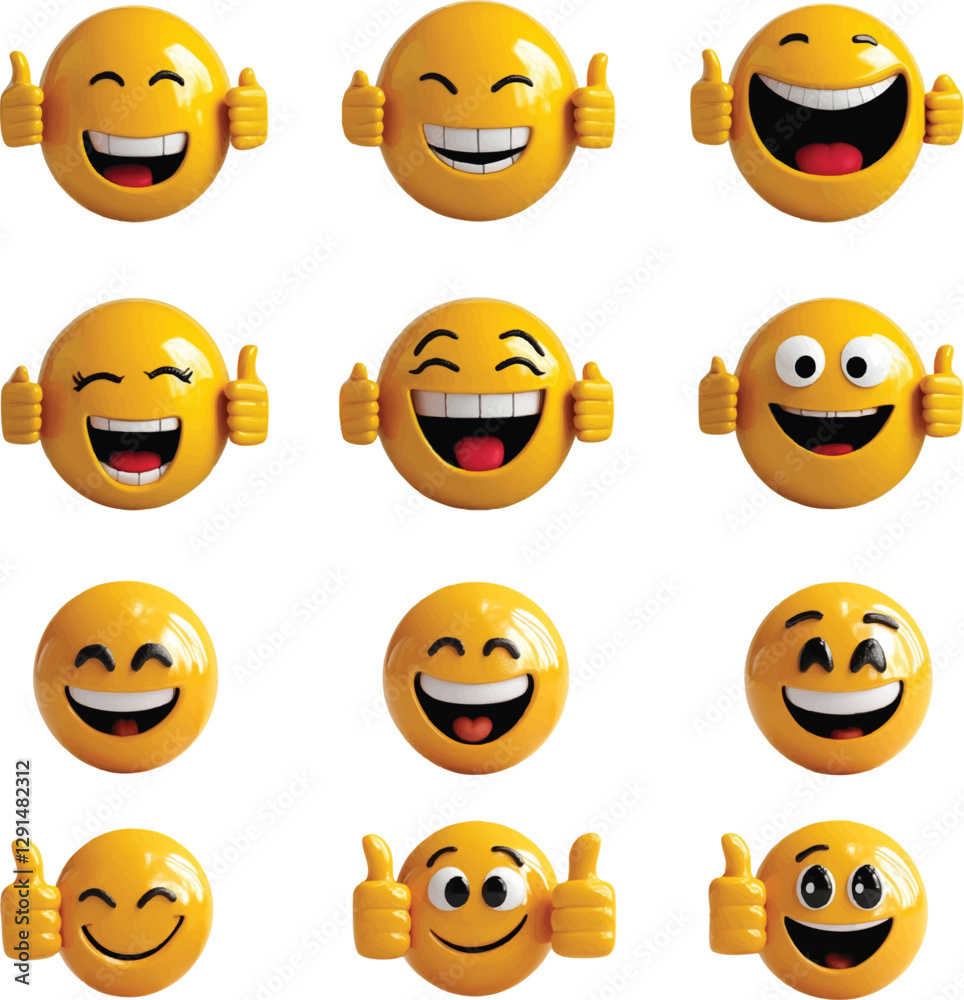 Fototapeta premium A vector set of dynamic 3D cartoon emojis, all giving a thumbs-up gesture with a bright and friendly smile